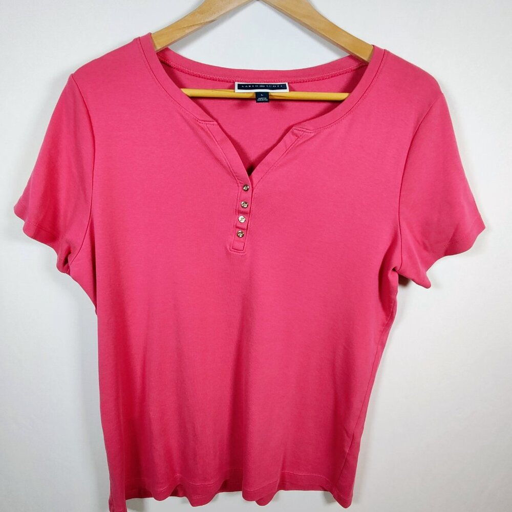 Karen Scott Women's Large Hot‎ Pink Short Sleeve V-Neck Henley Top